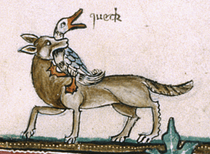 Detail of a marginal scene of a fox seizing a duck, with 'sound effects' added in a later hand, reading ‘queck’. Courtesy British Library, Add MS 49622, f. 190v
