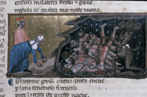 Cerberus (strangely human) feasts on the gluttons condemned to Hell (Courtesy British Library MS Egerton 943, f. 12r) 